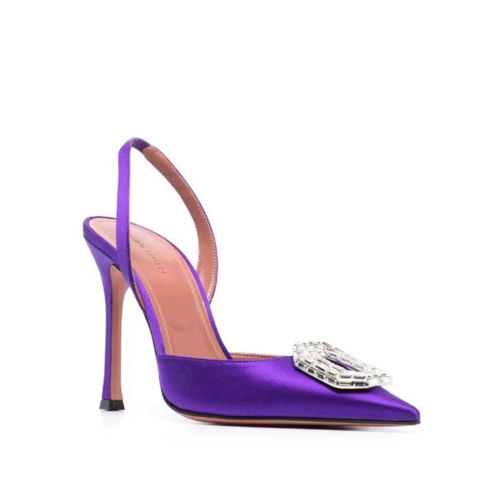 Amina Muaddi Purple Satin Slingback Pump with Crystal Buckle